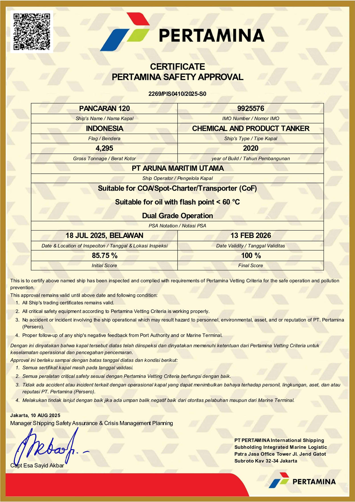 Sertifikat Pertamina Safety Approval P120