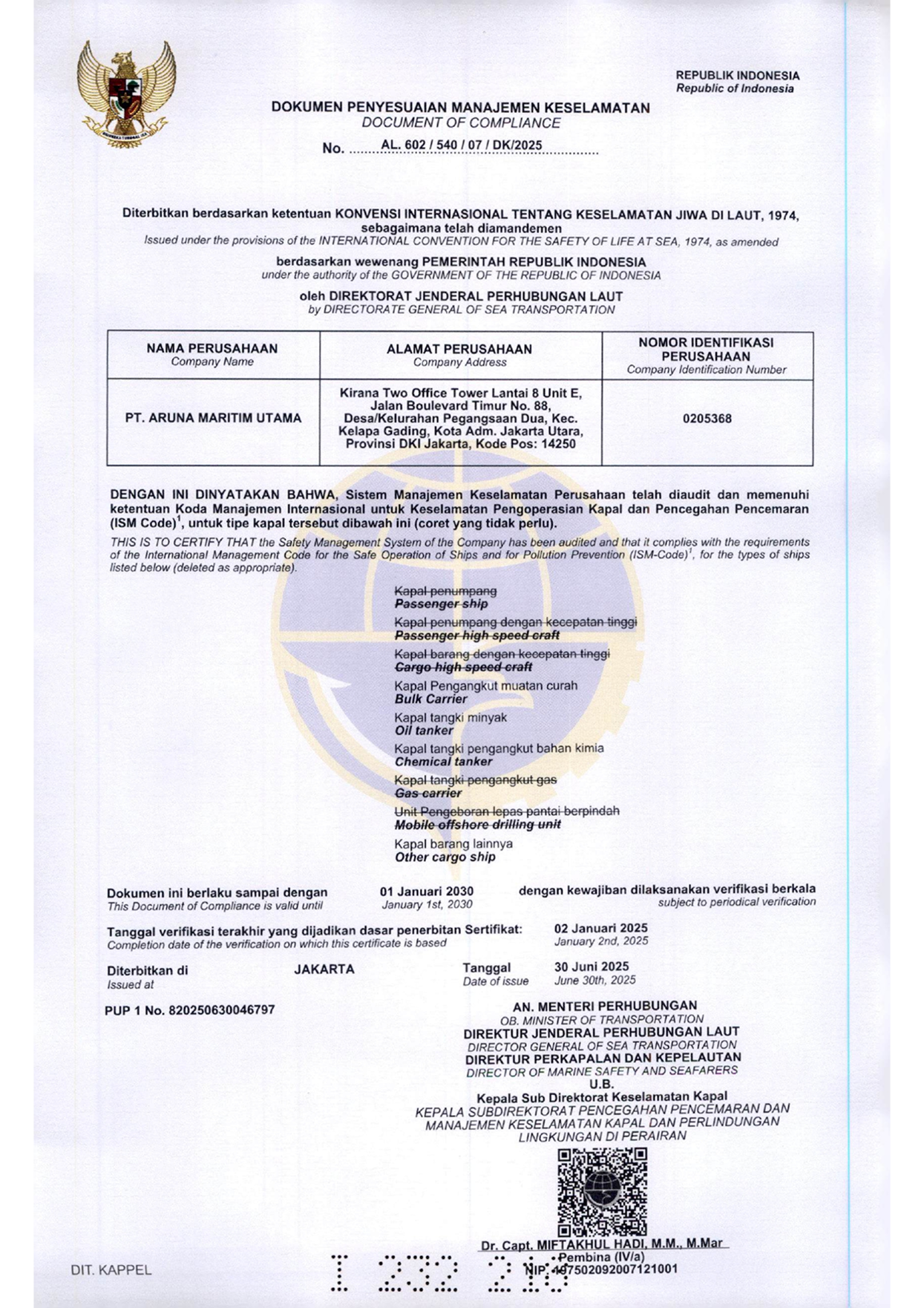 Sertifikat Dokumen Penyesuaian Manajemen Keselamatan